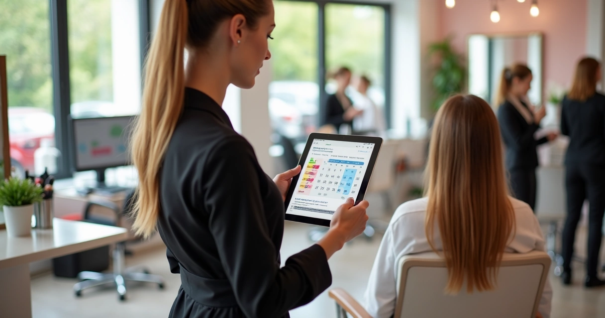 Profissional de beleza usando agenda digital em tablet ao lado de cliente em salão moderno
