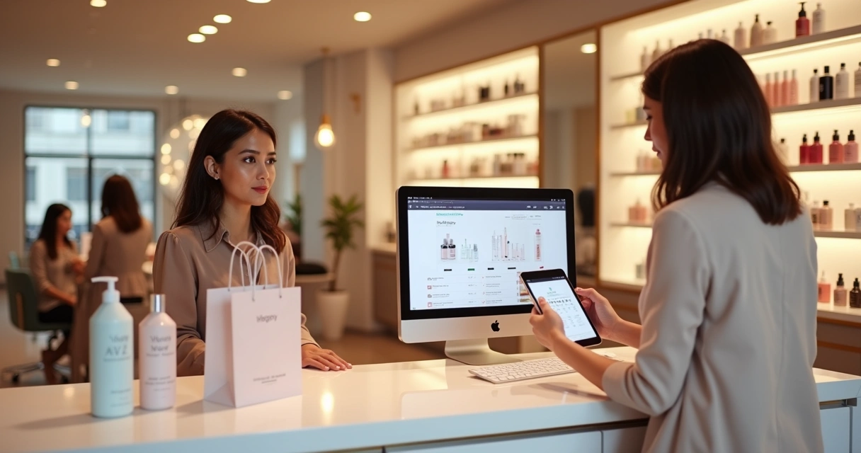 Profissional de beleza atendendo cliente e sugerindo produtos adicionais no salão