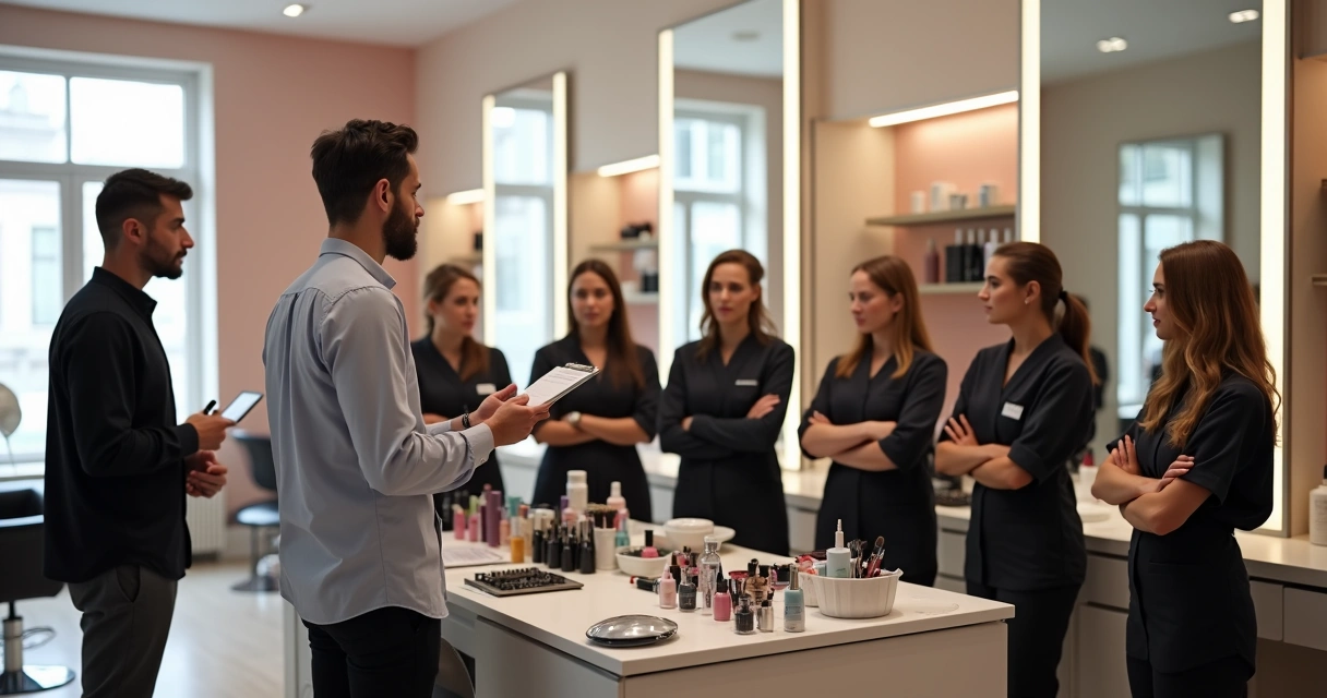 Gerente de salão de beleza conversando com equipe de profissionais em reunião