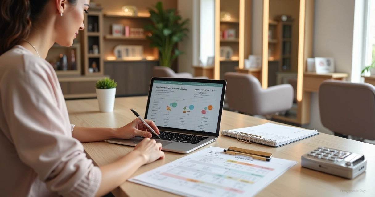 Dona de salão de beleza planejando pacotes de serviços com tablet e tabela de preços