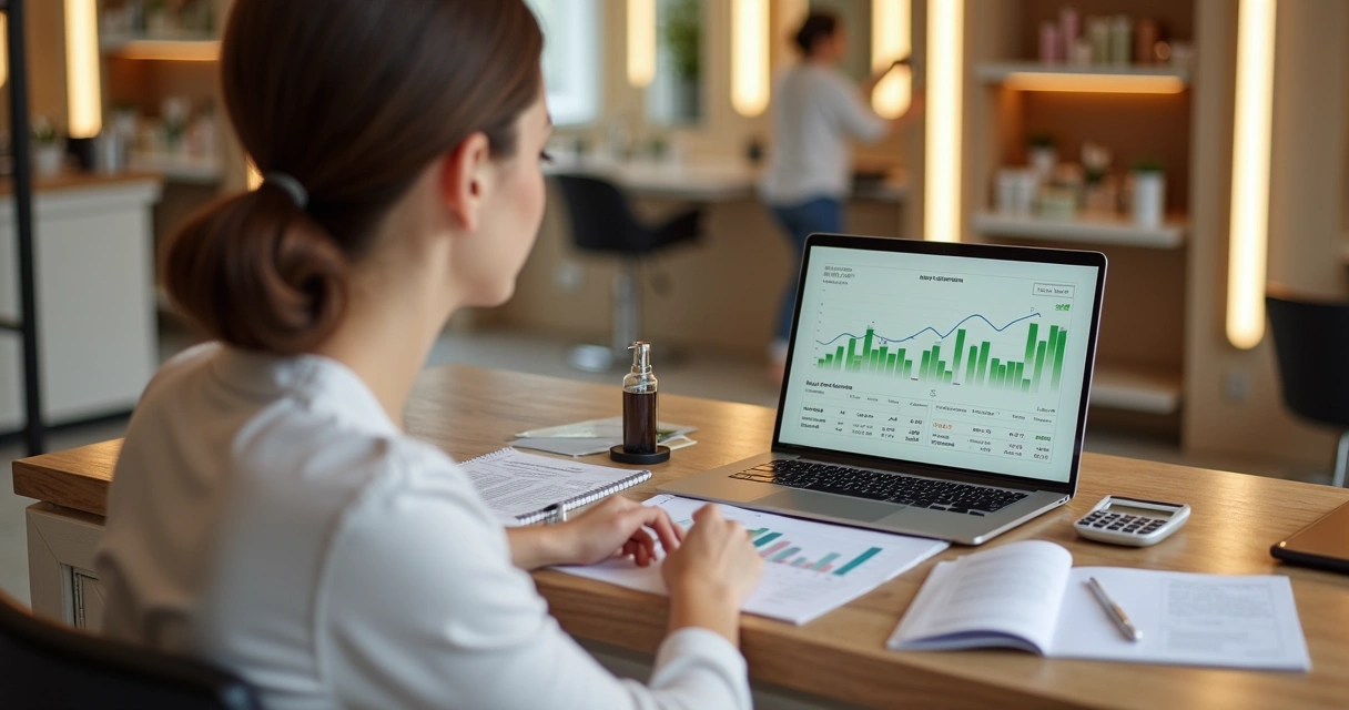 Profissional de beleza analisando planilha de custos e precificação no salão