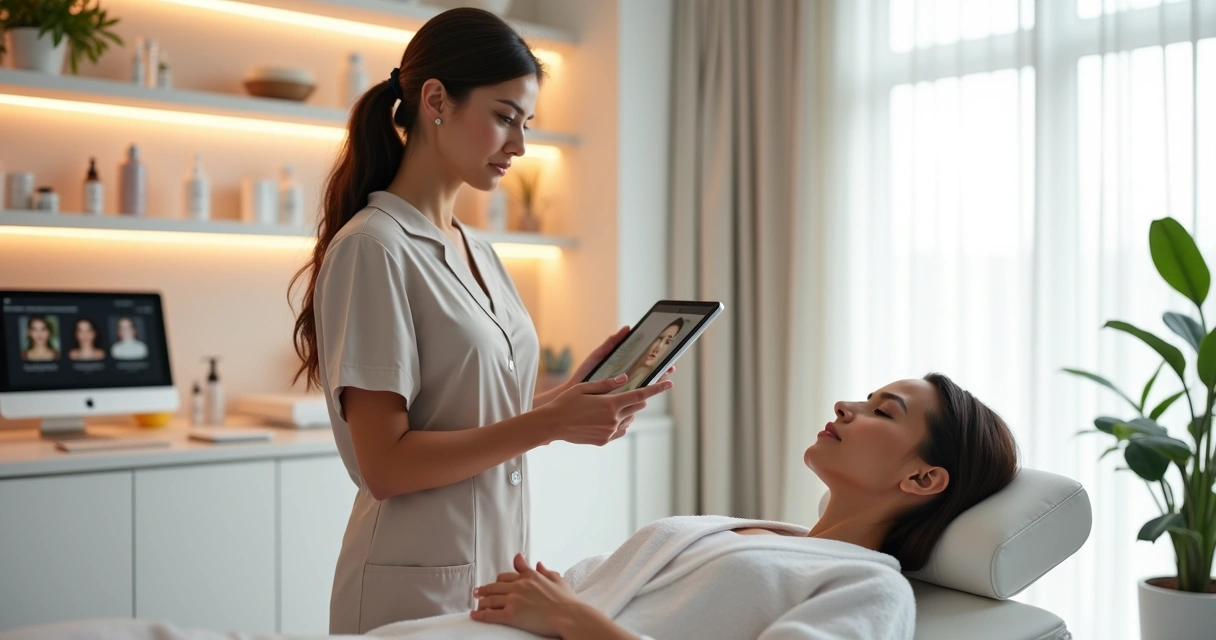 Profissional de estética atendendo cliente em clínica moderna