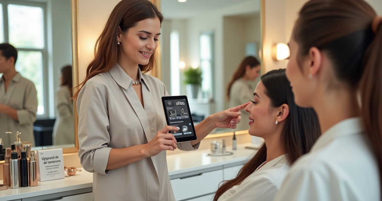 Profissional de beleza oferecendo upgrade de serviço para cliente em salão moderno