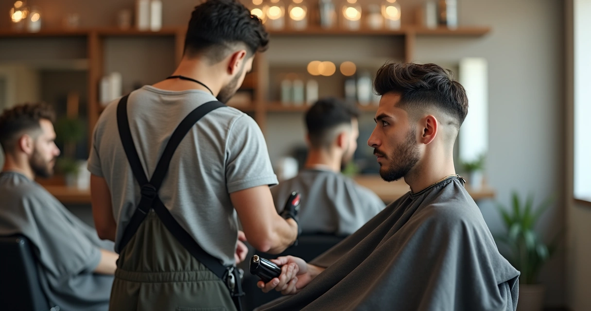 Homem em barbearia com cortes de cabelo masculinos modernos diferentes
