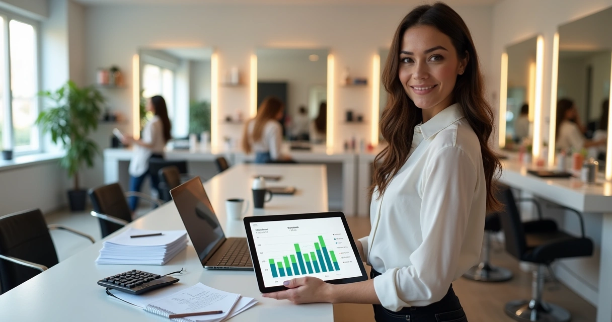 Dona de salão de beleza analisando finanças em tablet ao lado do caixa
