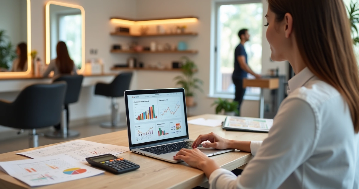Dona de salão de beleza analisando gráficos financeiros no laptop em meio a ambiente de salão moderno