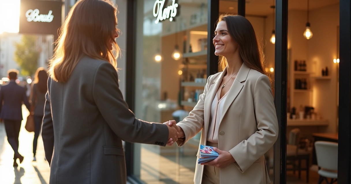 Dona de salão de beleza cumprimentando parceiro de negócio em loja local