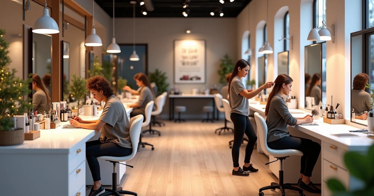 Salão de beleza decorado para data sazonal com clientes sendo atendidos