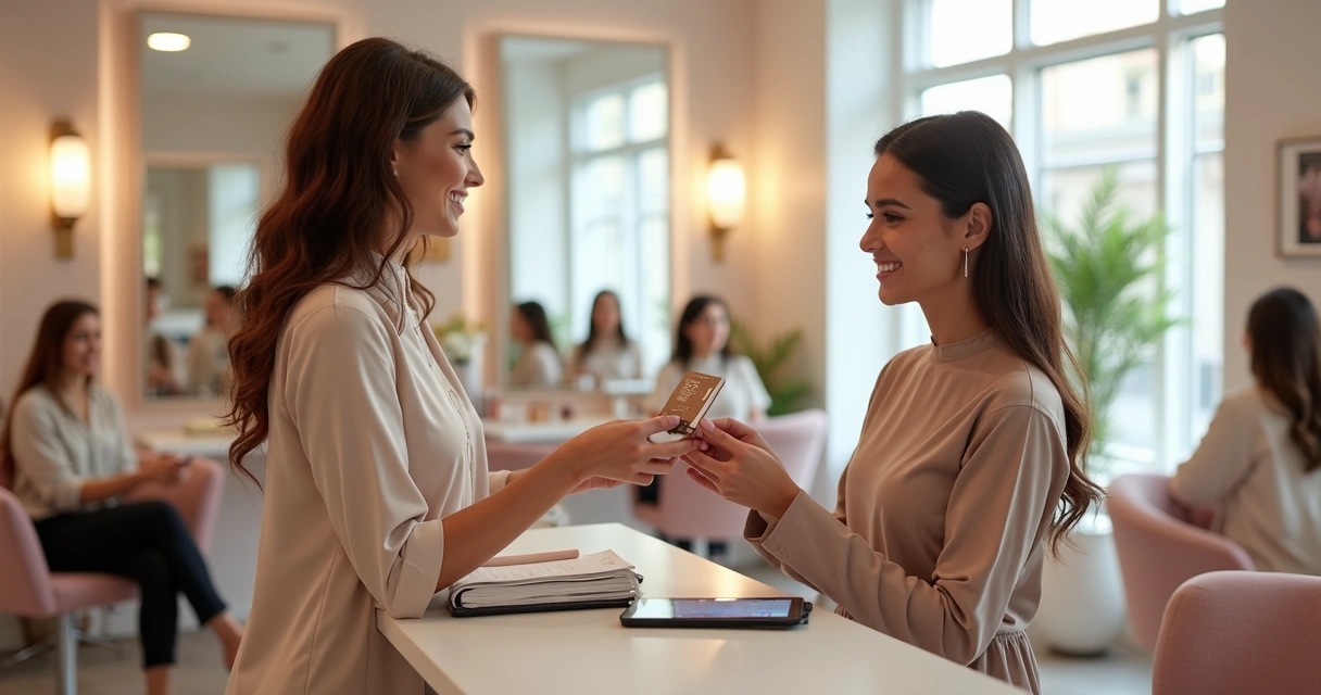 Profissional de beleza atendendo cliente sorridente em salão moderno