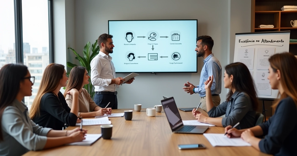 Equipe de salão de beleza em treinamento de atendimento ao cliente com instrutora