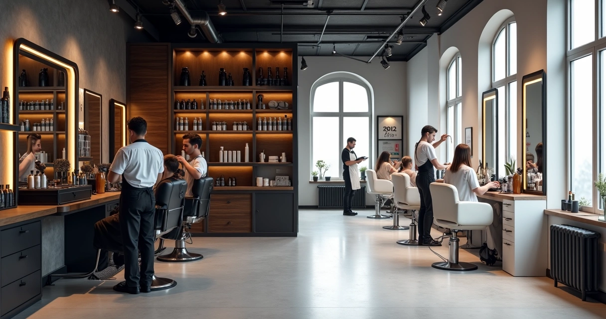 Comparação visual entre barbearia moderna e salão unissex em um mesmo ambiente