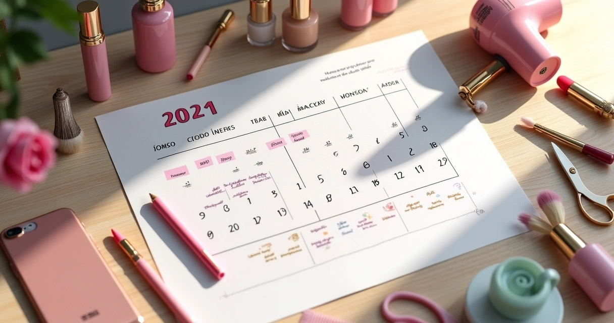 Mesa com calendário de promoções e produtos de beleza coloridos ao redor