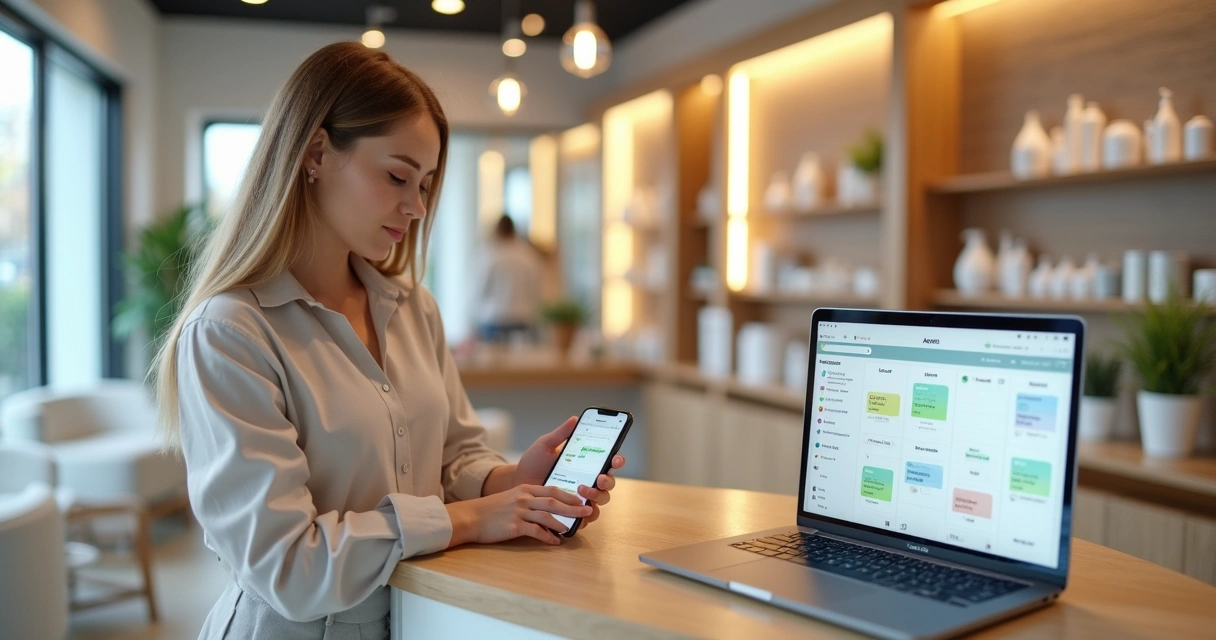 Profissional de beleza conferindo no celular confirmações automáticas de agendamentos