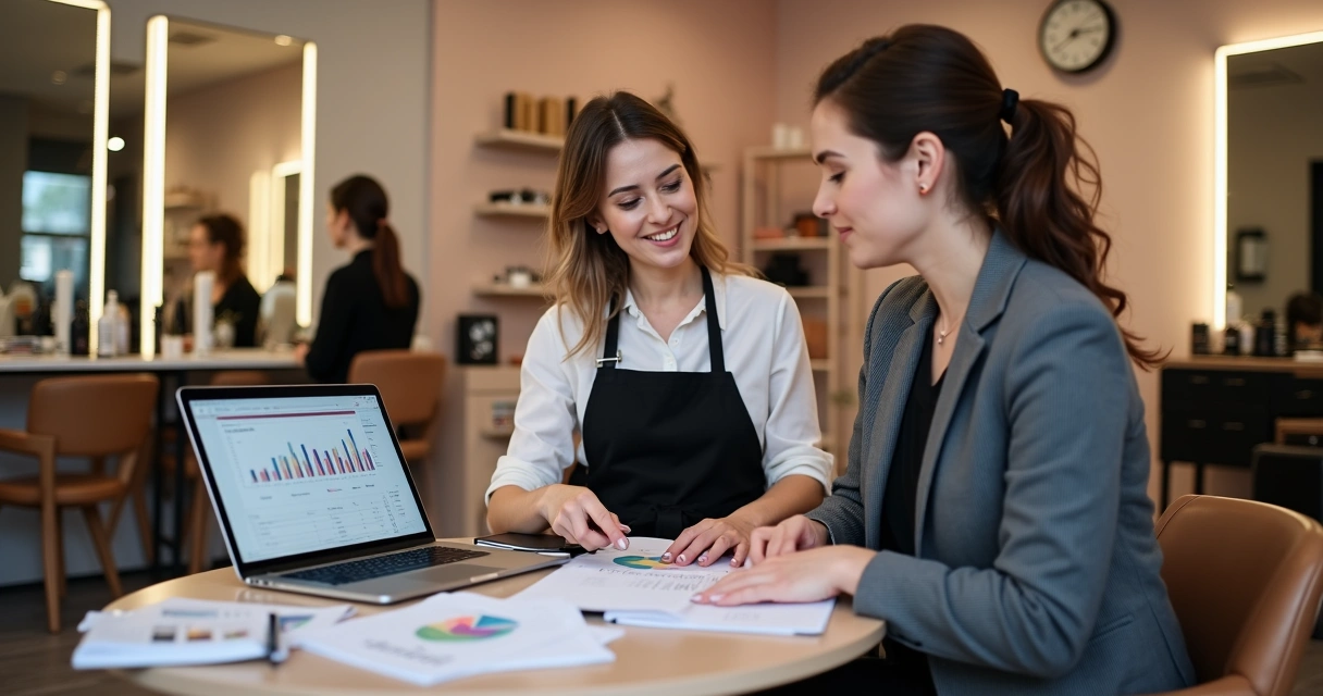 Consultora analisando resultados com dona de salão de beleza
