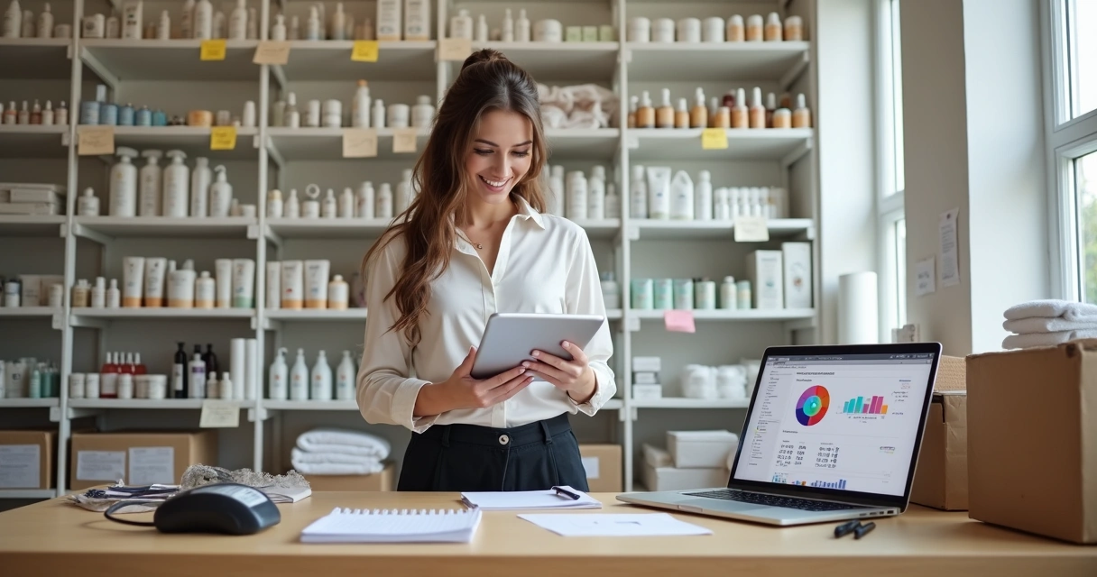 Profissional de beleza conferindo estoque organizado em prateleiras com cosméticos e produtos de salão