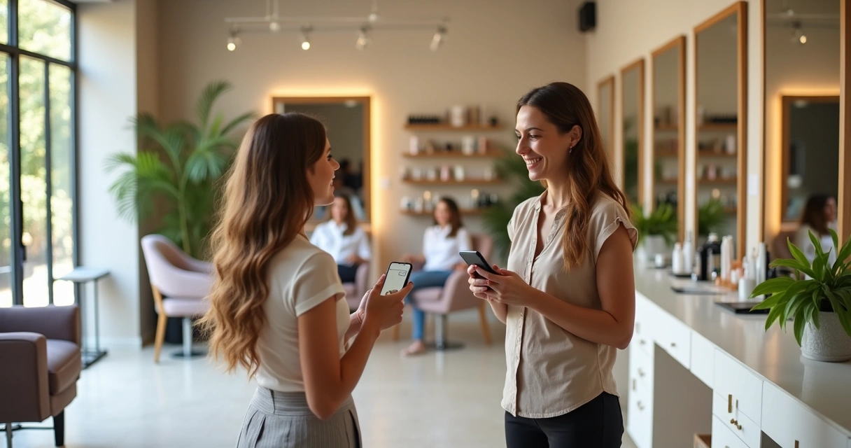 Cabeleireira cumprimentando nova cliente em salão moderno e cheio
