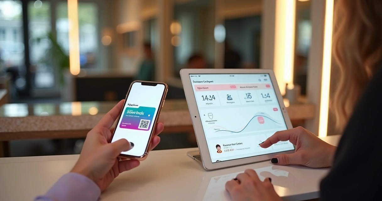 Cartão de fidelidade digital de salão de beleza sendo escaneado em tablet