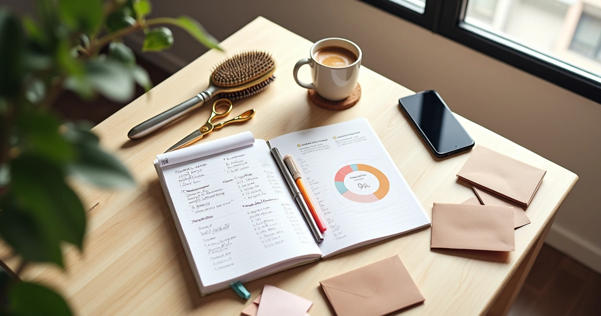 Empreendedora da beleza organizando finanças pessoais com planilhas e itens de salão