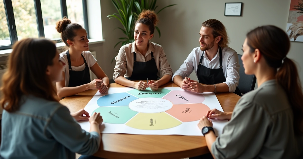 Equipe de salão de beleza em círculo medindo harmonia da equipe