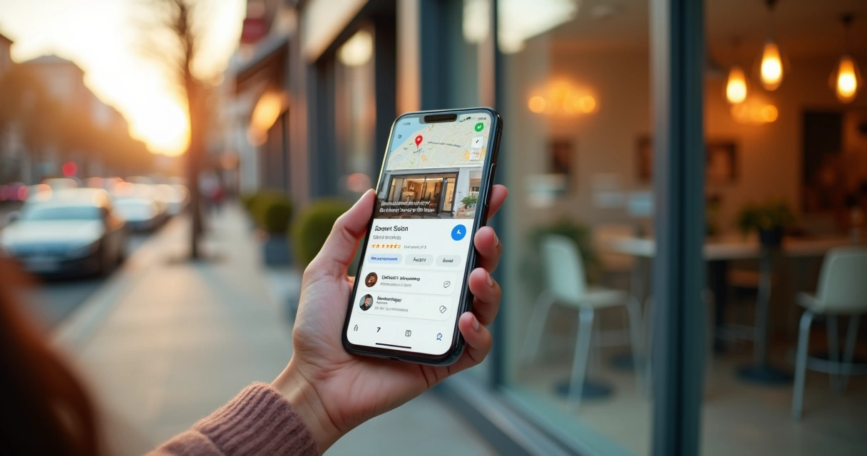 Fachada de salão de beleza vista na tela de smartphone com mapa e avaliações em destaque