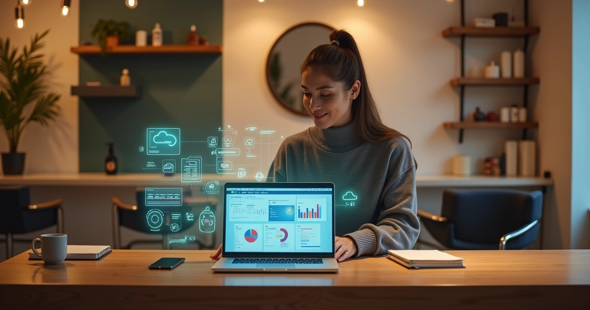 Dono de pequeno salão escolhendo software de gestão em notebook sobre balcão de recepção
