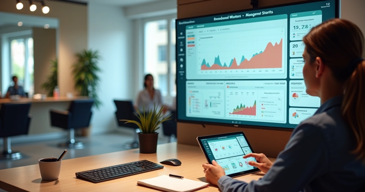 Gestor de salão de beleza usando painel de controle digital com dados do negócio