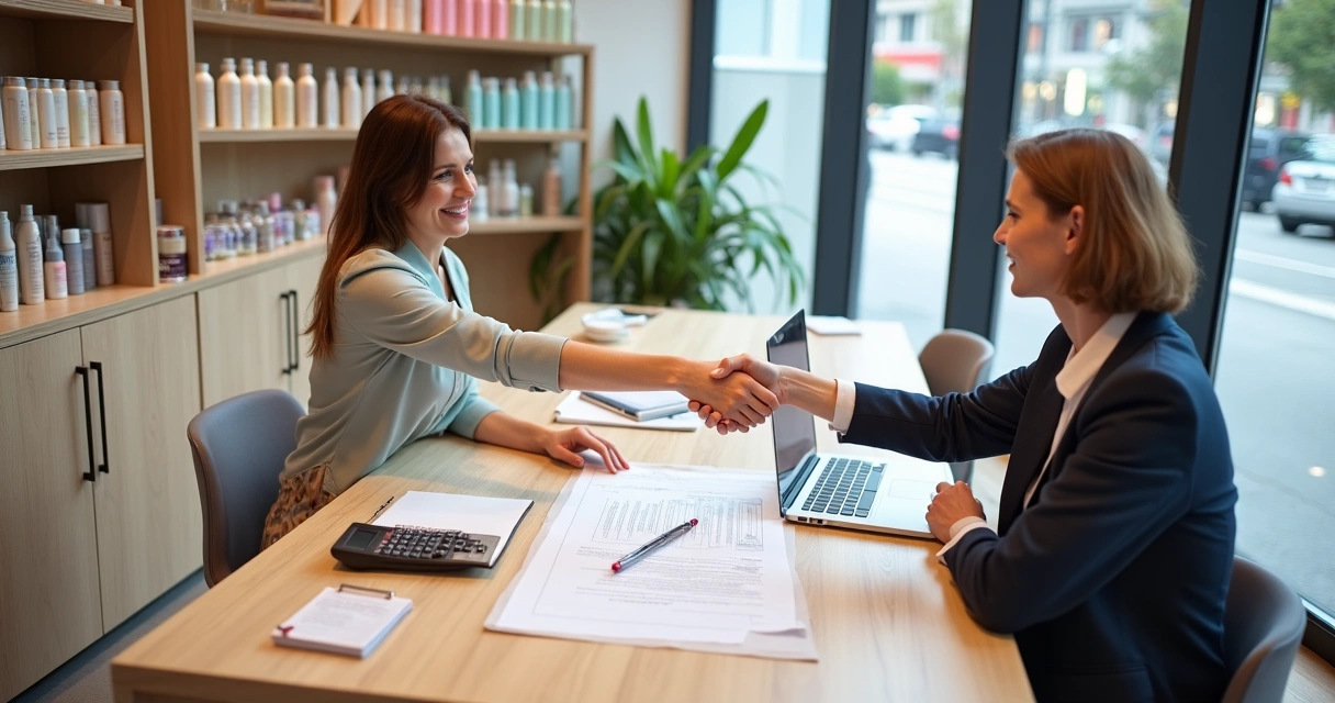 Dono de negócio de beleza negociando contrato com fornecedor de cosméticos na mesa