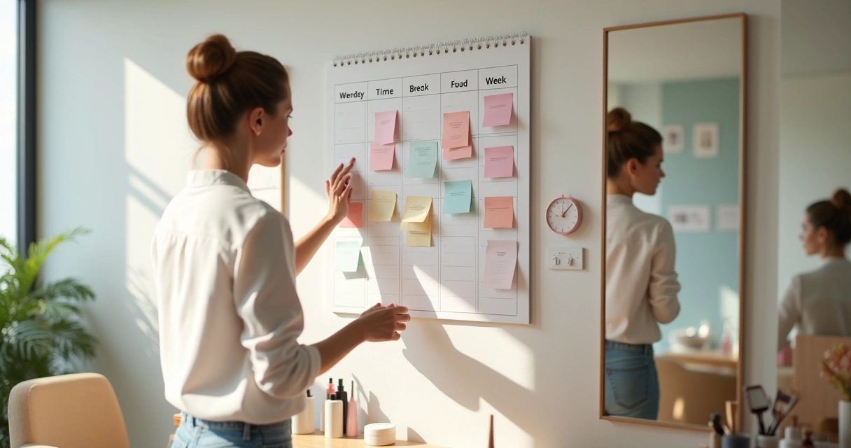 Profissional de beleza ajustando quadro de horários com pausas destacadas no salão