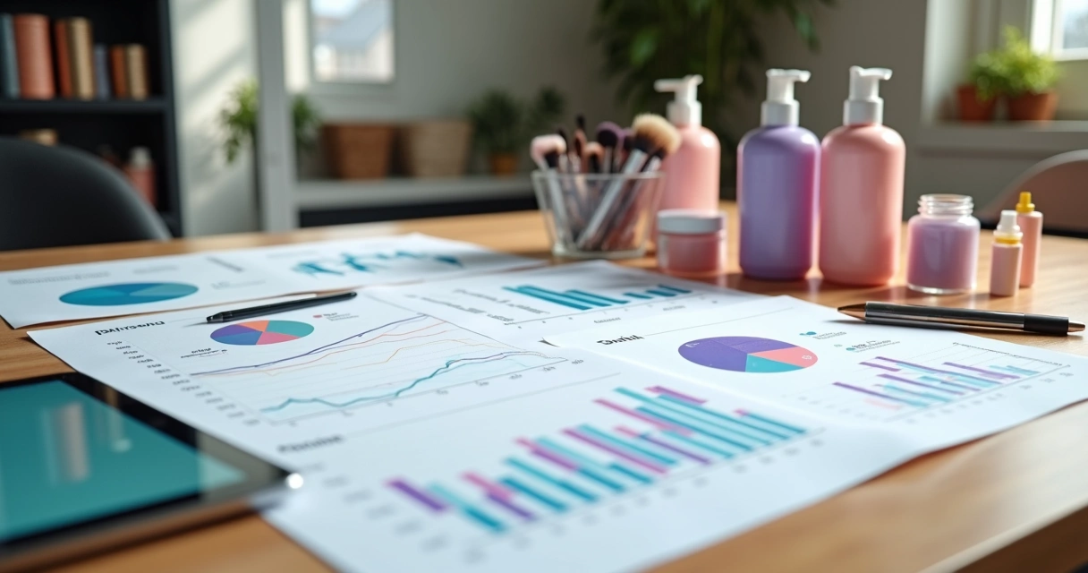 Relatórios de desempenho e produtos de beleza organizados em mesa de trabalho