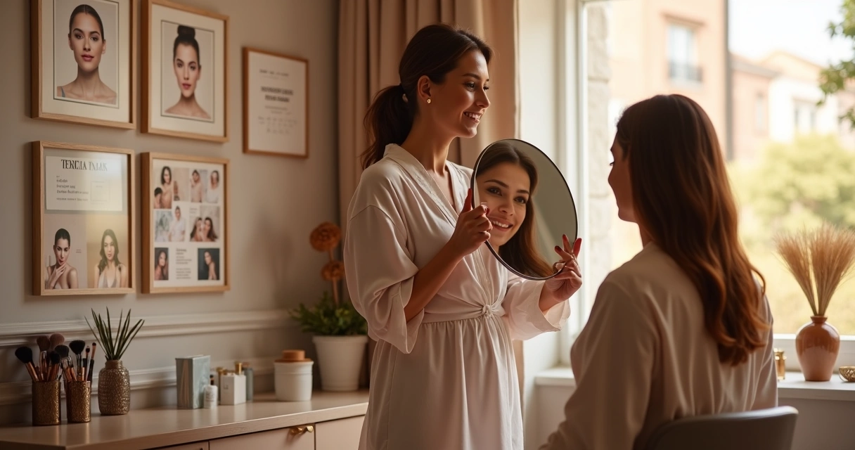 Profissional de beleza mostrando espelho a cliente com narrativa visual em ilustrações ao fundo