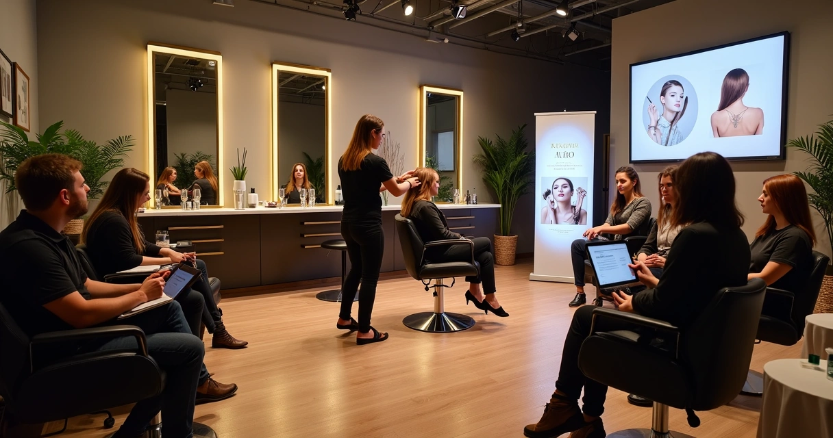 Workshop de beleza acontecendo dentro de salão sofisticado com participantes atentos