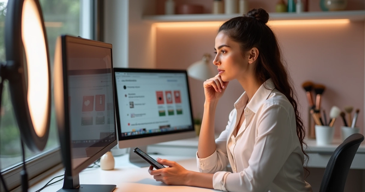 Empreendedora da beleza analisando comentários negativos em redes sociais no estúdio de gravação