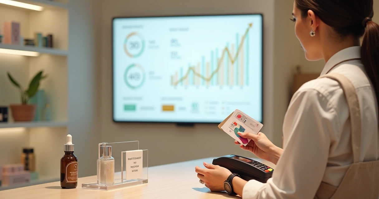 Empreendedora da beleza segurando maquininha de cartão com painel financeiro ao fundo