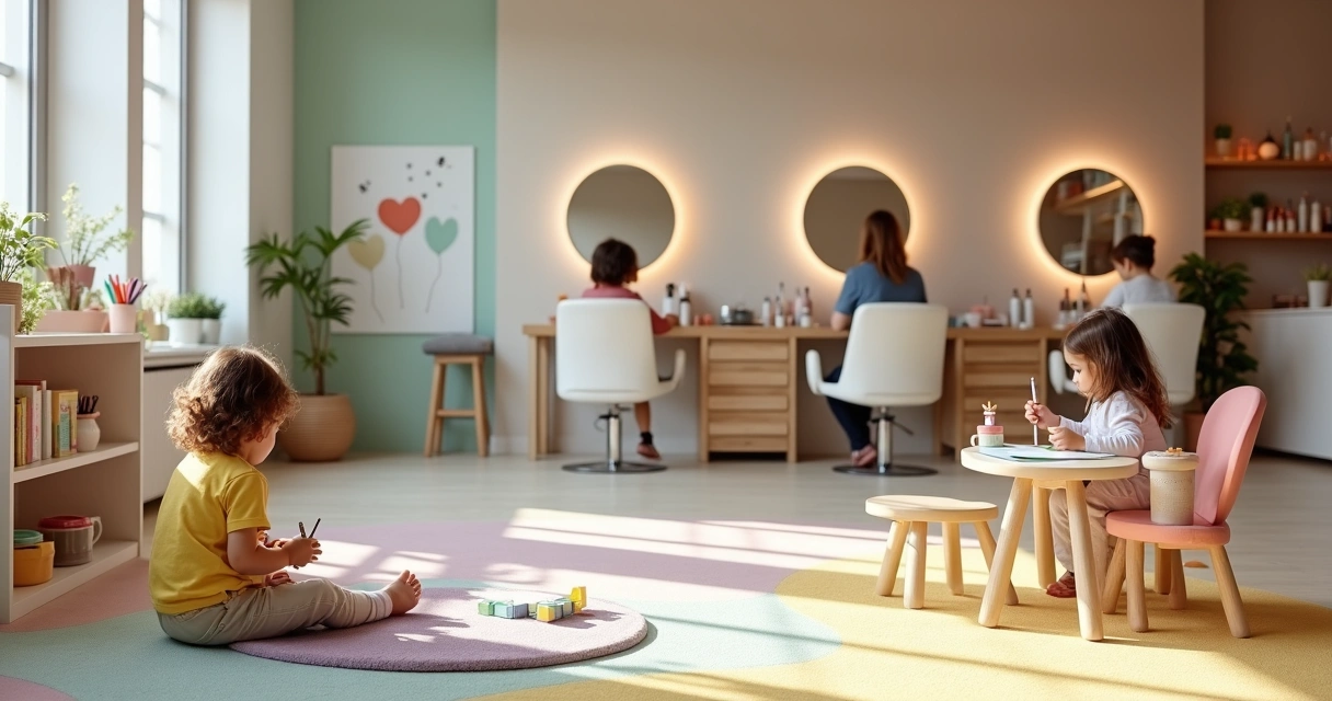 Espaço kids colorido em salão de beleza com crianças brincando enquanto adultos fazem serviços de cabelo ao fundo