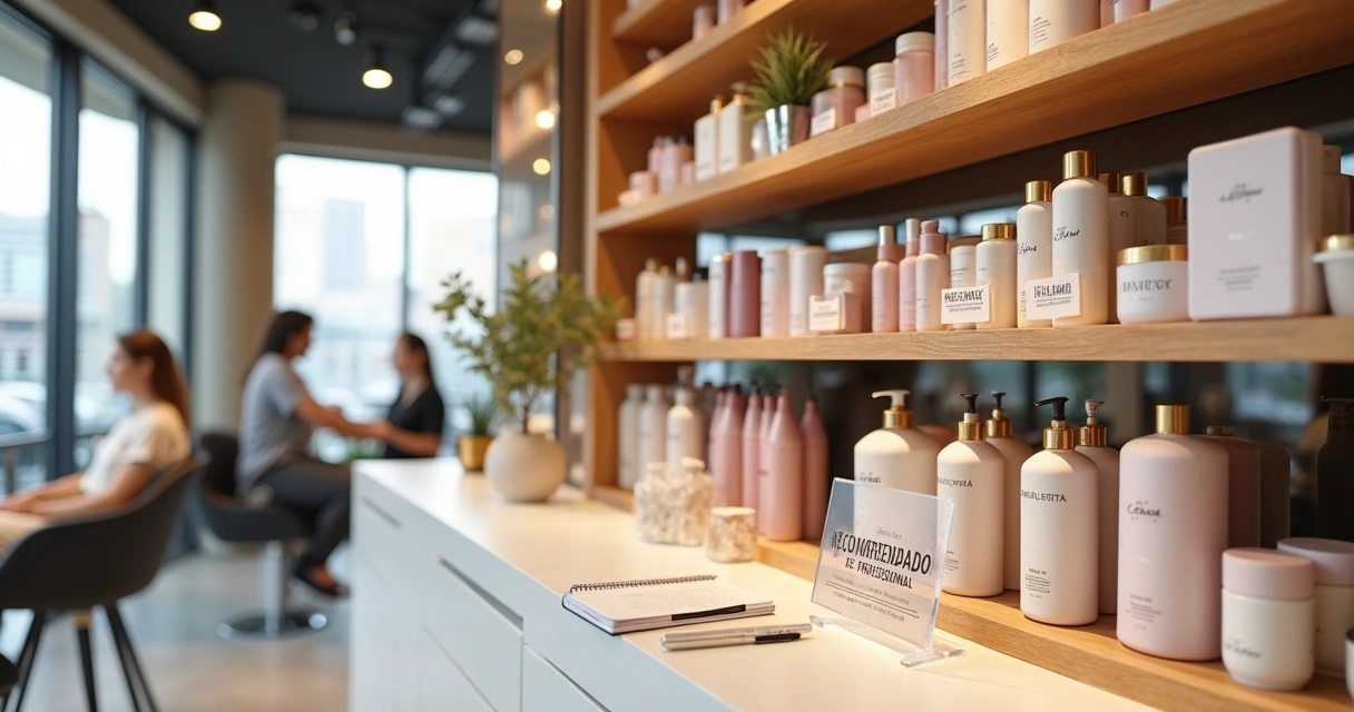 Expositor organizado de cosméticos em salão de beleza moderno