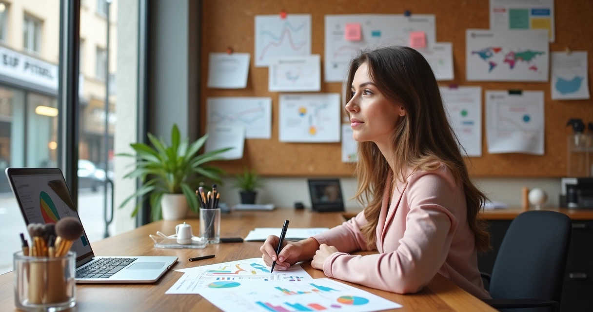 Empreendedora da beleza analisando mapas e gráficos de mercado em um escritório moderno