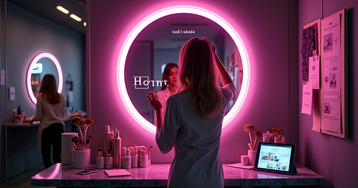 Profissional da beleza ajustando logo de marca em espelho iluminado por neon