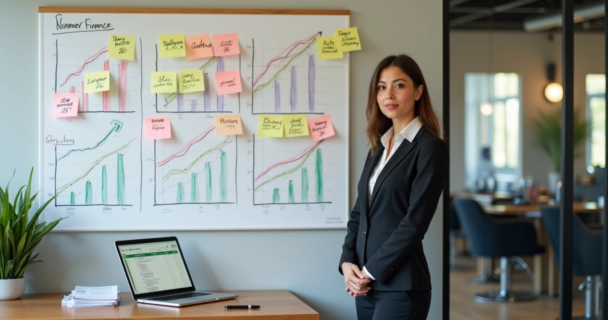 Gestora de salão de beleza organizando planejamento financeiro em mural com gráficos coloridos