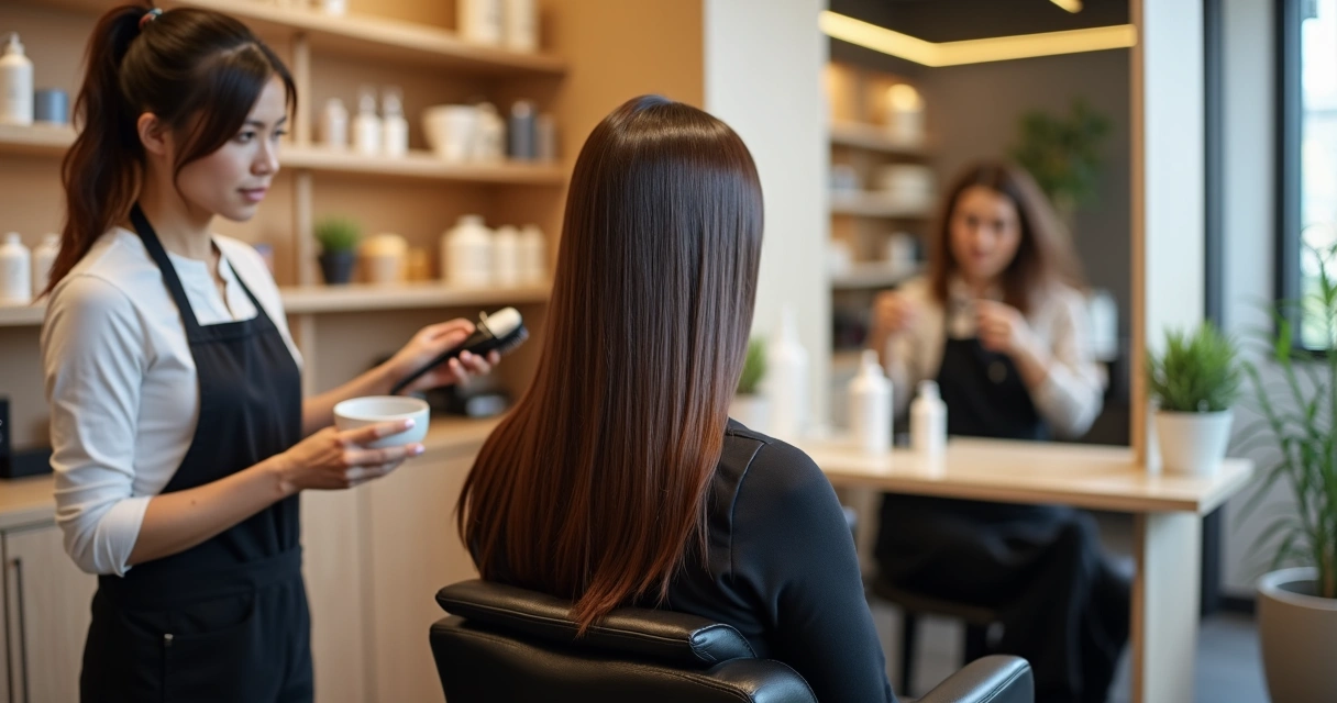 Cabeleireira aplicando gloss hair em cliente com cabelos longos e brilhantes em salão moderno