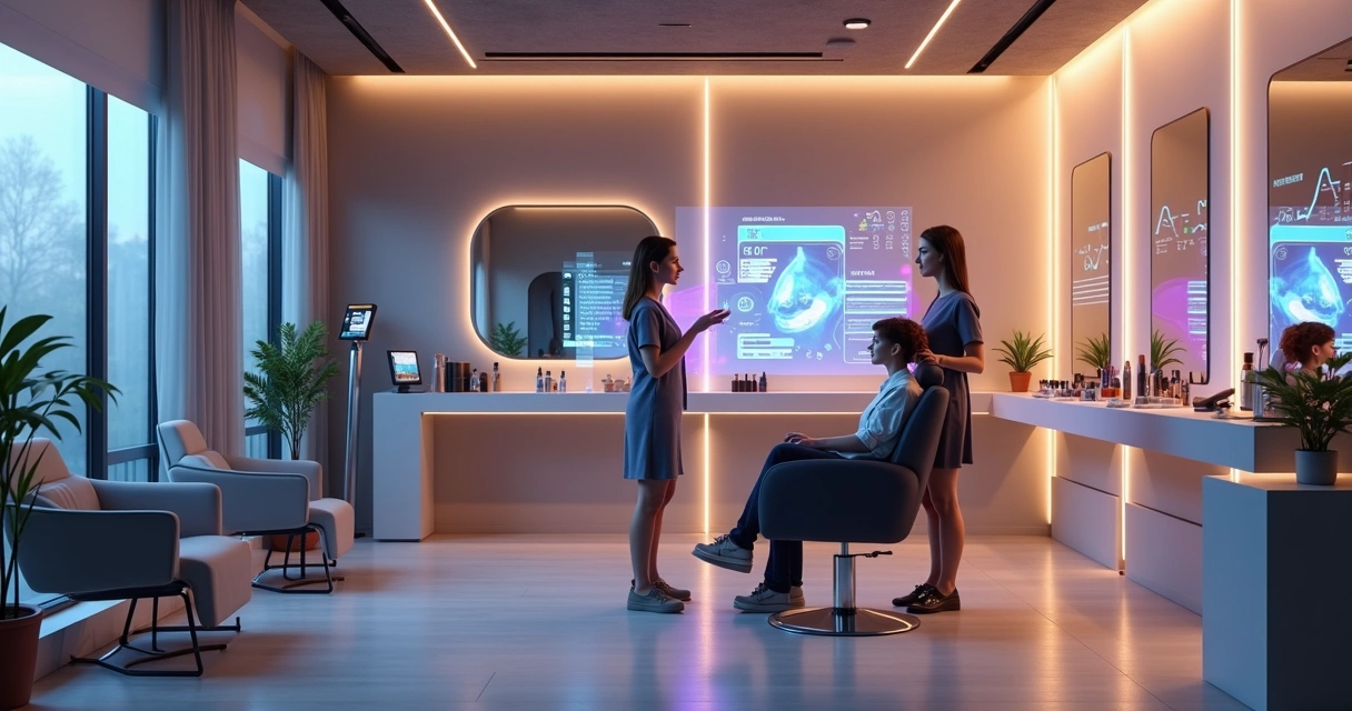 Profissional de salão de beleza usando tecnologias digitais futuristas ao redor da cadeira de atendimento