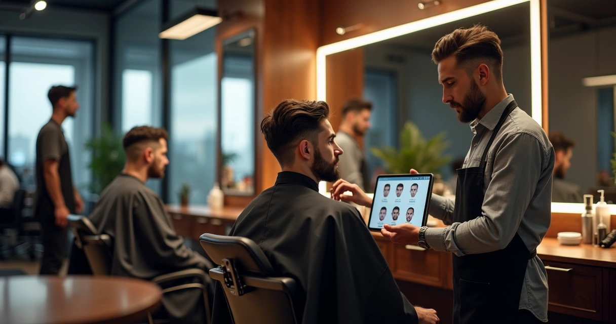 Barbeiro fazendo consultoria de corte de cabelo masculino para cliente em barbearia moderna