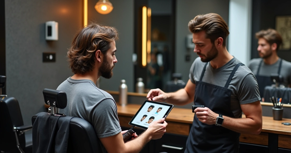 Barbeiro mostrando opções de corte de cabelo masculino em tablet para cliente na cadeira