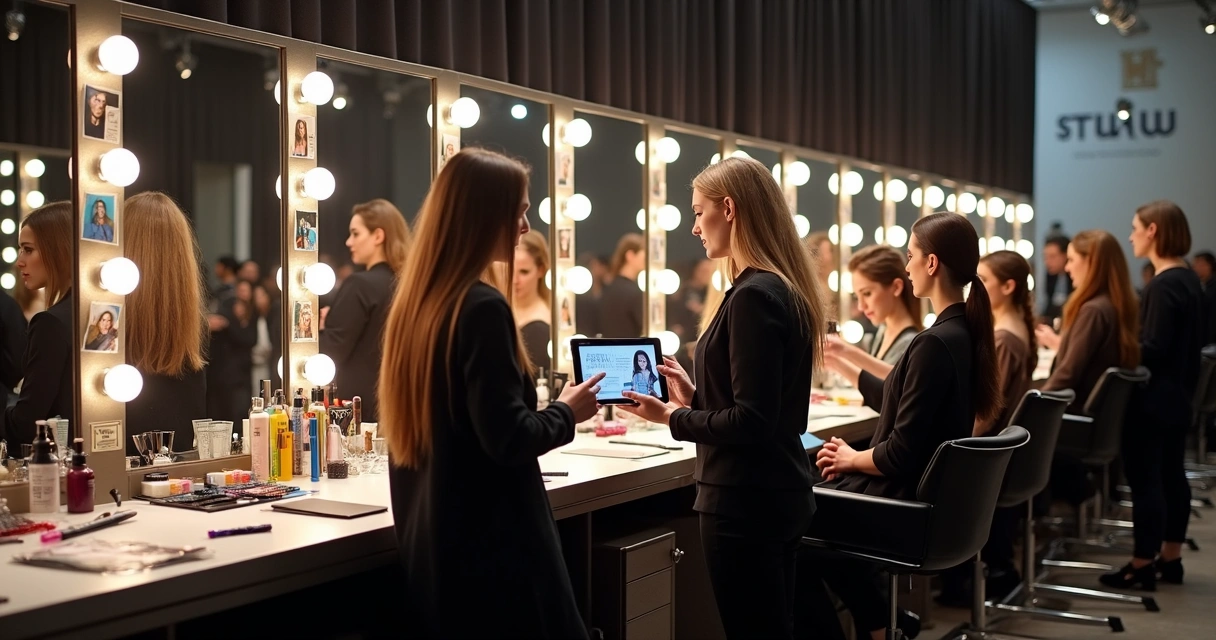 Cabeleireiros famosos orientando modelo em backstage de desfile