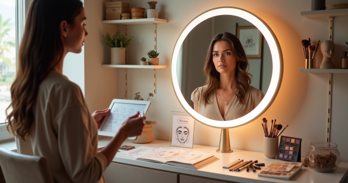 Consultora de beleza fazendo análise de visagismo com cliente em frente a espelho iluminado