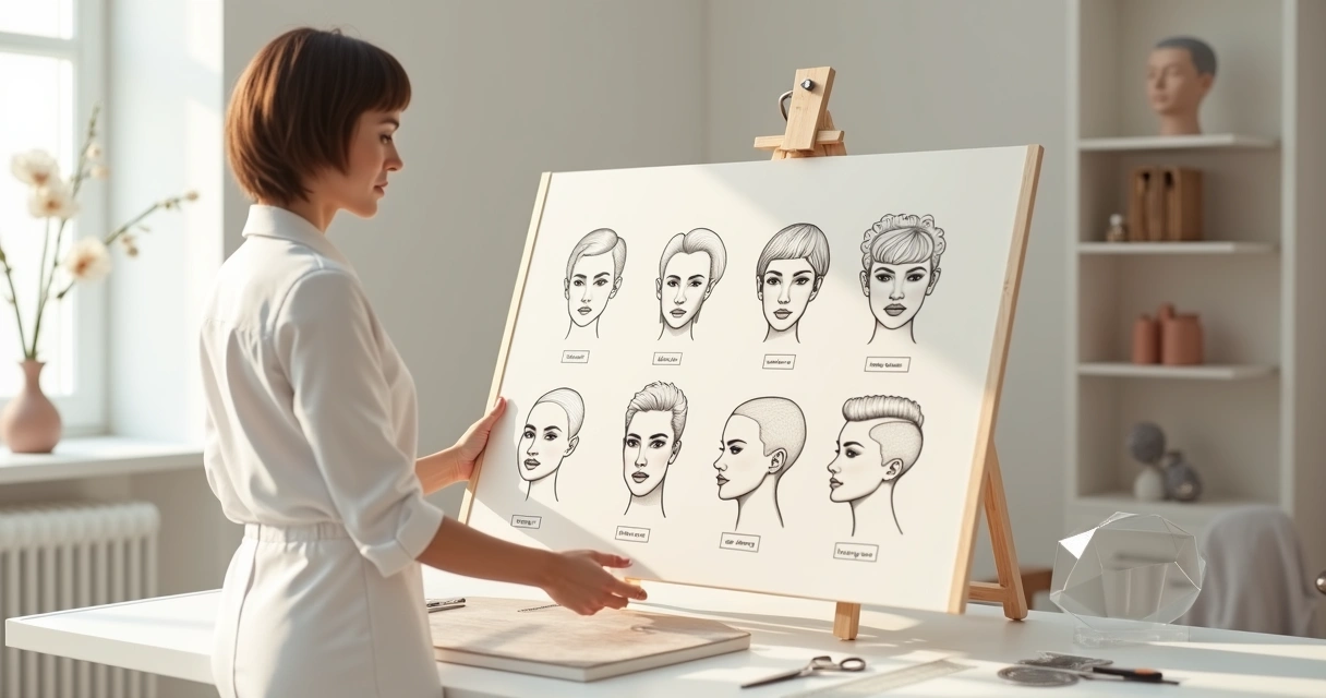 Profissional mostrando cortes de cabelo curto em diferentes formatos de rosto em prancheta de estudo