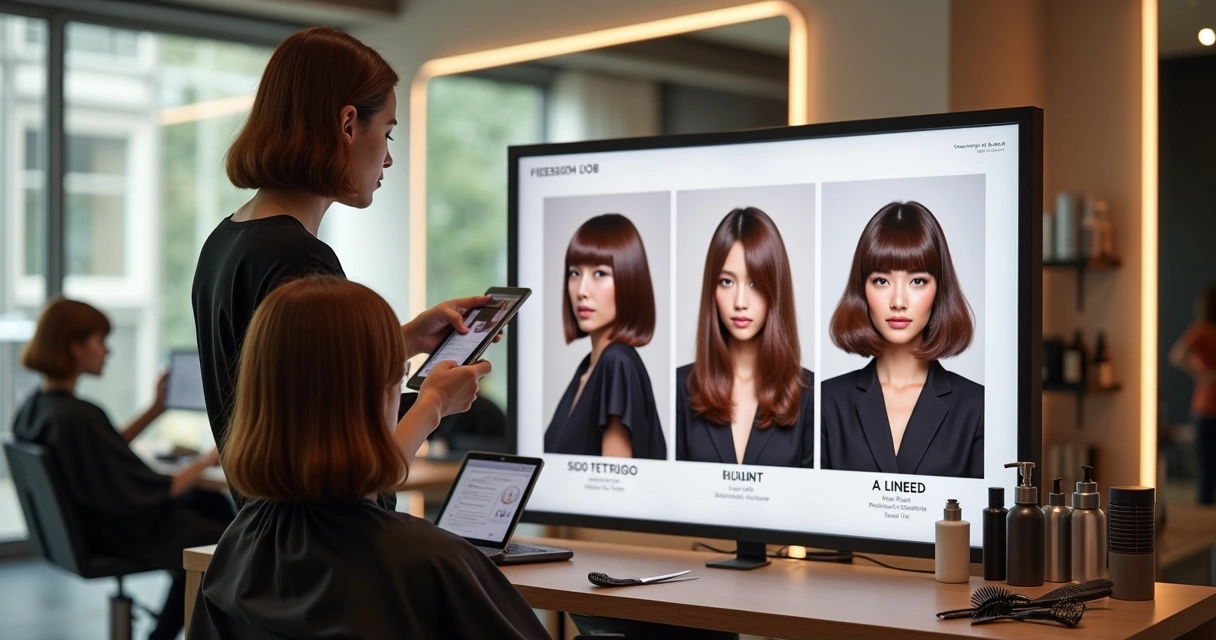 Cabeleireira apresentando diferentes cortes long bob médio em painel para cliente no salão