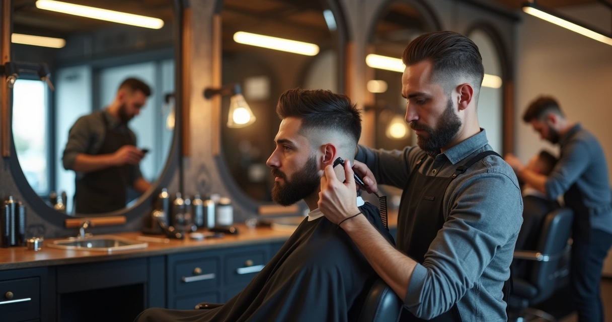 Barbeiro criando corte masculino moderno em cliente com degrade e texto lateral