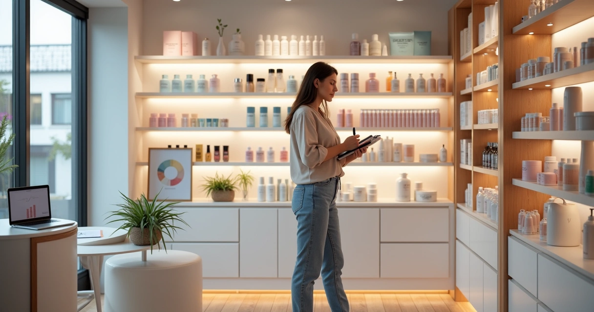 Empreendedora organizando prateleiras de cosméticos em loja moderna de beleza