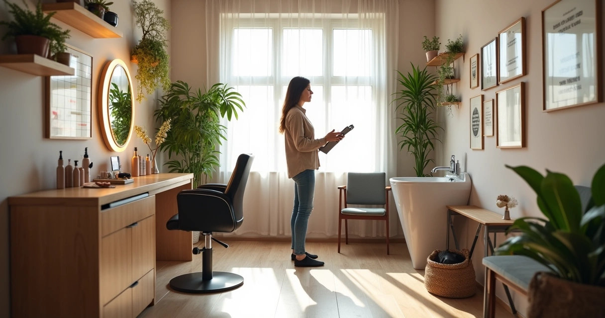 Empreendedora organizando um pequeno salão de beleza simples e aconchegante