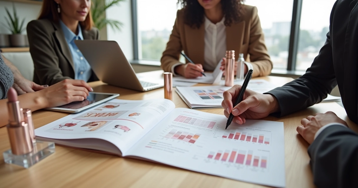 Empreendedoras analisam catálogo de franquias de cosméticos em ambiente moderno